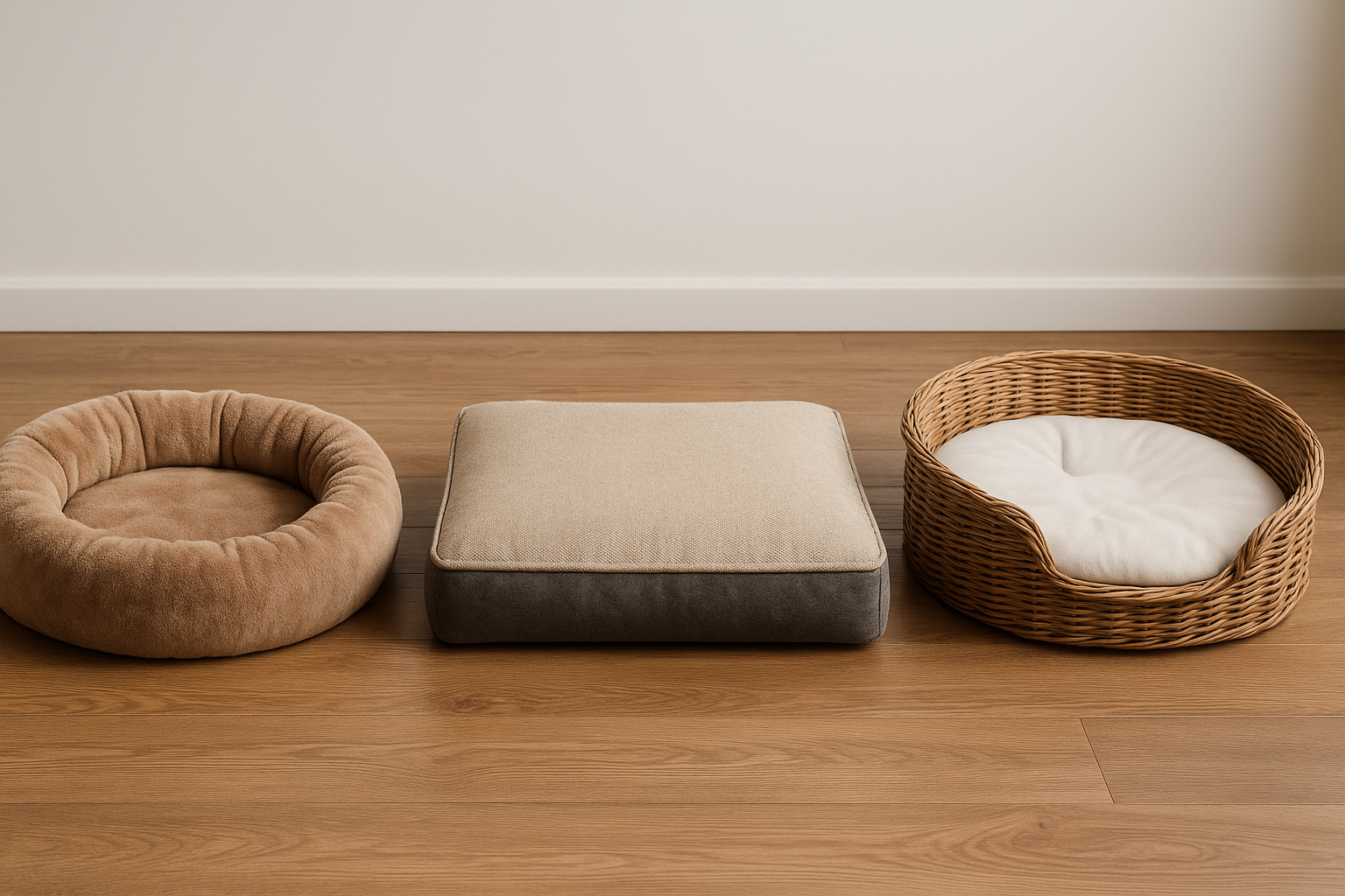 Különböző típusú kutyafekhelyek egymás mellett: peremes puha fekhely, lapos párna és fonott kosár fekhely fa padlón