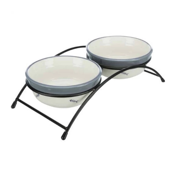 Trixie Bowl Set - kerámia tál (piros,mintás) fém állványban macskák részére (2x0,3l /Ø12cm)