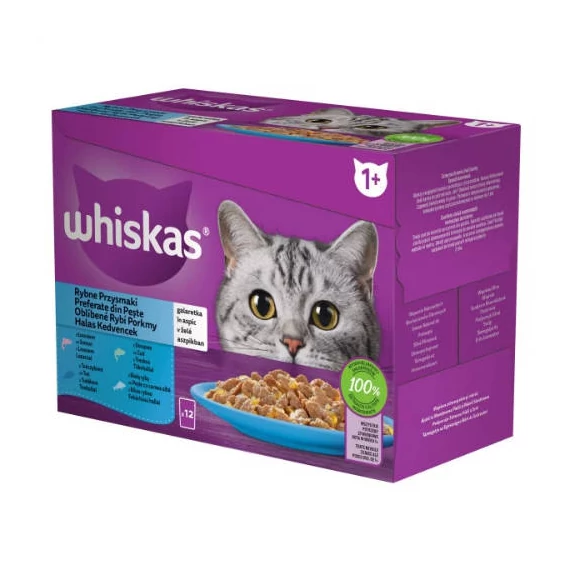 Whiskas 12X85g Alutasakos halas válogatás (lazac, tonhal, tőkehal, fehérhal aszpikban)