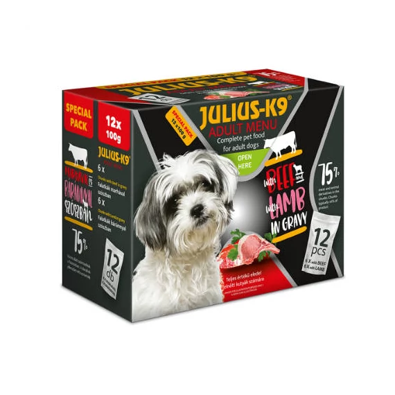 JULIUS-K9 Adult Menu Beef & Lamb (marha,bárány) - Nedves eledel válogatás kutyák részére (12x100g)
