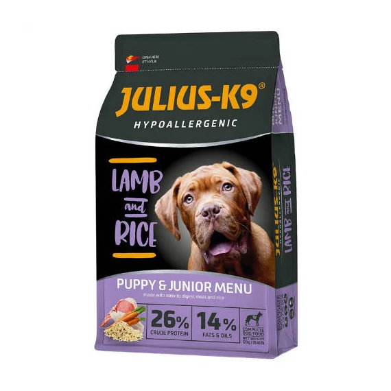 JULIUS-K9 3kg Puppy&Junior Hypoallergenic száraztáp kölyök kutyák számára (bárány,rizs)