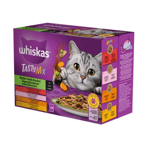 Whiskas TastyMix - Nedves eledel (marha,baromfi,zöldség,lazac,sárgarépa szószban) macskák részére (12x85g)
