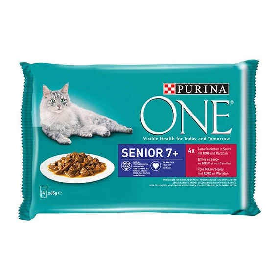 PURINA ONE Senior 7+ Mini Filé (marha,sárgarépa) - nedves eledel idős macskák részére (4x85g)