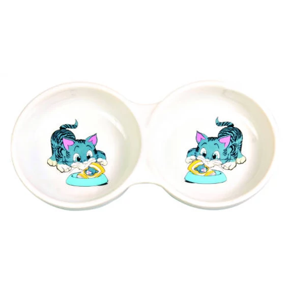 KT25.Trixie Ceramic Double Bowl - kerámia dupla tál (fehér,mintás) rövid orrú macskák részére (2x0,15l /Ø11cm)