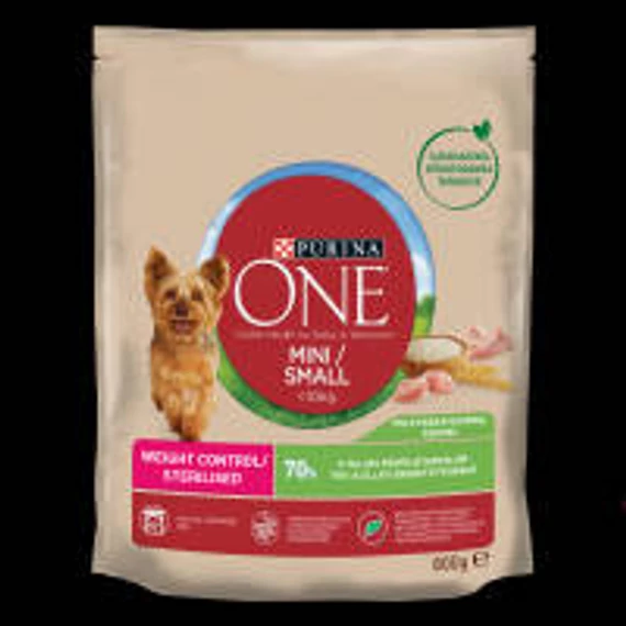 Purina ONE Mini/Small Weight Control - száraztáp (pulyka,rizs) túlsúlyos vagy ivartalanított kistestű kutyáknak részére (800g)