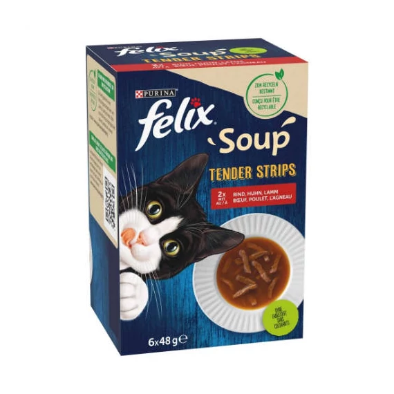 FELIX Soup Tender strips - nedves eledel (marha,csirke,bárány szószban) macskák részére (6x48g)