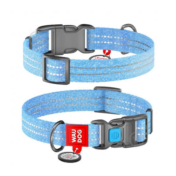 WAUDOG Re-cotton, Reflective Dog collar (XL) - nyakörv, újrahasznosított pamutból (QR kódos, fényvisszaverő csíkkal, világoskék) kutyák részére (35-58cm/25mm)