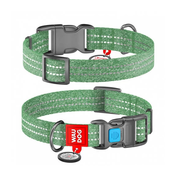 WAUDOG nyakörv, QR kódos, műanyag gyorscsattal,újrahasznosított pamutból ( 25mm, 35-58cm) zöld