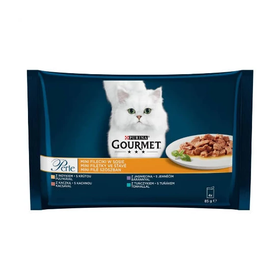 GOURMET PERLE Mini filé pulykával/tonhallal/kacsával/báránnyal nedves macskaeledel 4x85 g