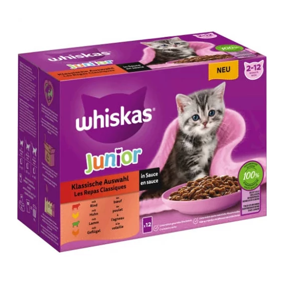 Whiskas Junior Classic Meals - Nedves eledel (marha,csirke,bárány, baromfi szószban) kölyökmacskák részére (12x85g)