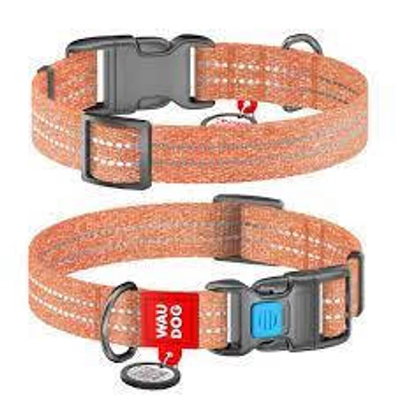 WAUDOG Re-cotton, Reflective Dog collar (M) - nyakörv, újrahasznosított pamutból (QR kódos, fényvisszaverő csíkkal, narancssárga) kutyák részére (28-40cm/20mm)