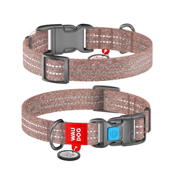 WAUDOG Re-cotton, Reflective Dog collar (XL) - nyakörv, újrahasznosított pamutból (QR kódos, fényvisszaverő csíkkal, barna) kutyák részére (37-58cm/25mm)