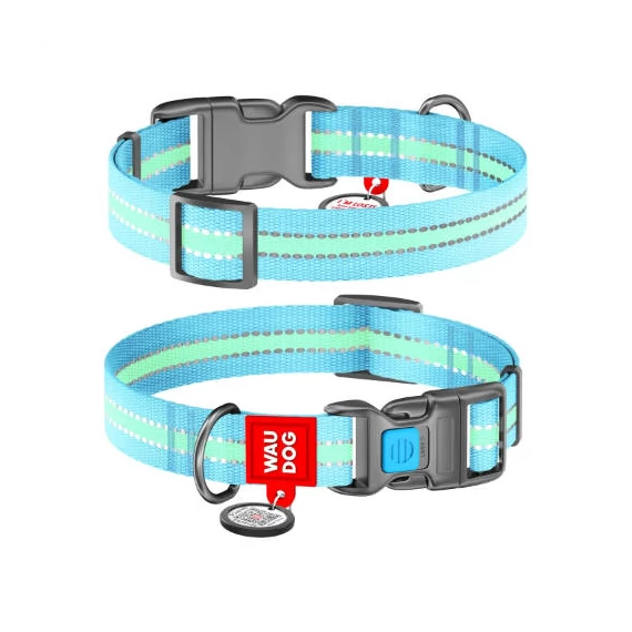 WAUDOG Nylon, Reflective Dog collar (XL) - nyakörv, nylon (QR kódos, fényvisszaverő csíkkal, világoskék) kutyák részére (35-58cm/25mm)