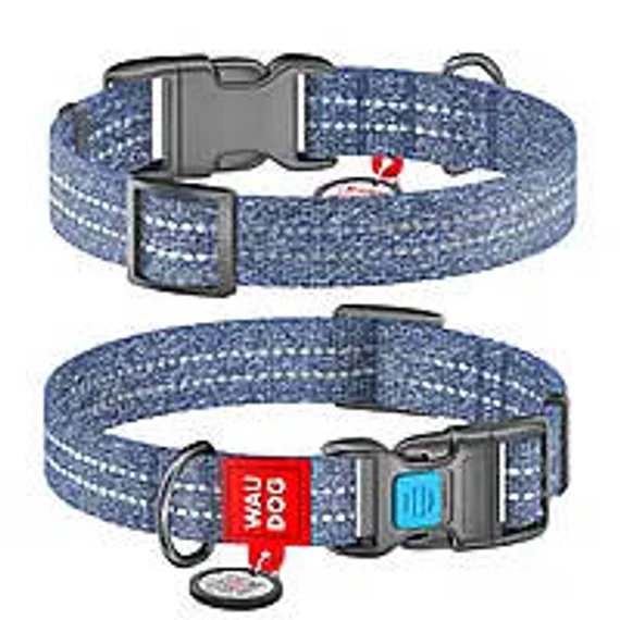 WAUDOG Re-cotton, Reflective Dog collar (M) - nyakörv, újrahasznosított pamutból (QR kódos, fényvisszaverő csíkkal, kék) kutyák részére (28-40cm/20mm)