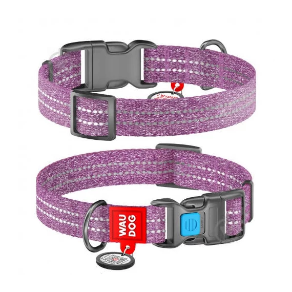 WAUDOG Re-cotton, Reflective Dog collar (XL) - nyakörv, újrahasznosított pamutból (QR kódos, fényvisszaverő csíkkal, lila) kutyák részére (37-58cm/25mm)