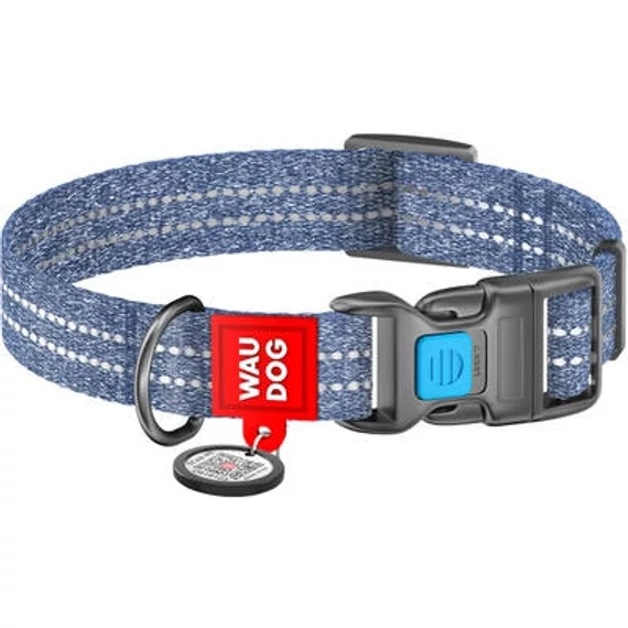 WAUDOG Re-cotton, Reflective Dog collar (XL) - nyakörv, újrahasznosított pamutból (QR kódos, fényvisszaverő csíkkal, kék) kutyák részére (37-58cm/25mm)