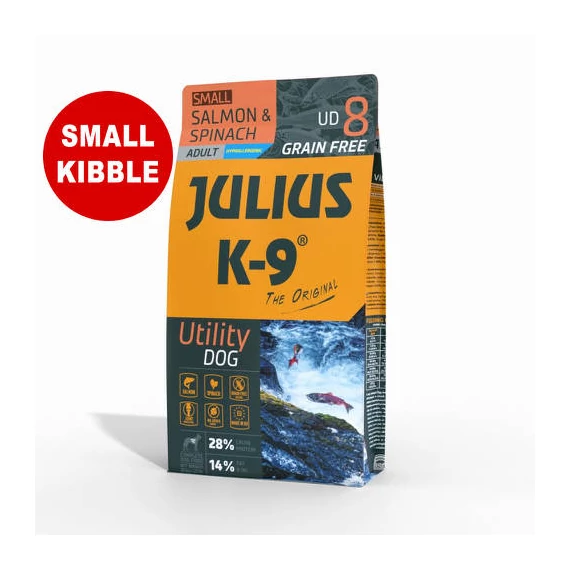 JULIUS K-9 UD8S Adult Utility Dog Hypoallergenic Salmon&Spinach (lazac&spenót) 10kg - Gabonamentes száraztáp, felnőtt kutyák részére (SMALL)