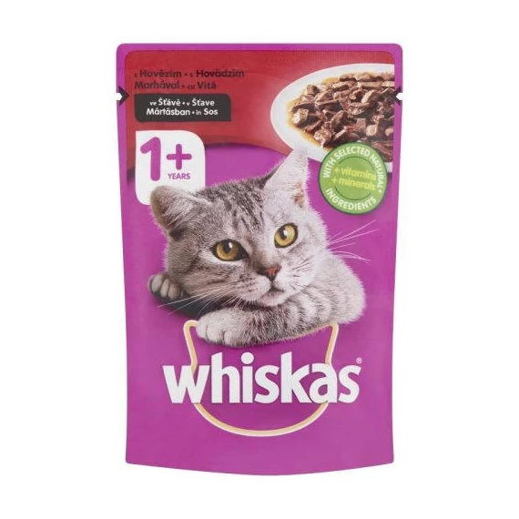 Whiskas Adult Beef 1+ - Nedves eledel (marha-, szószban) macskák részére (85g)