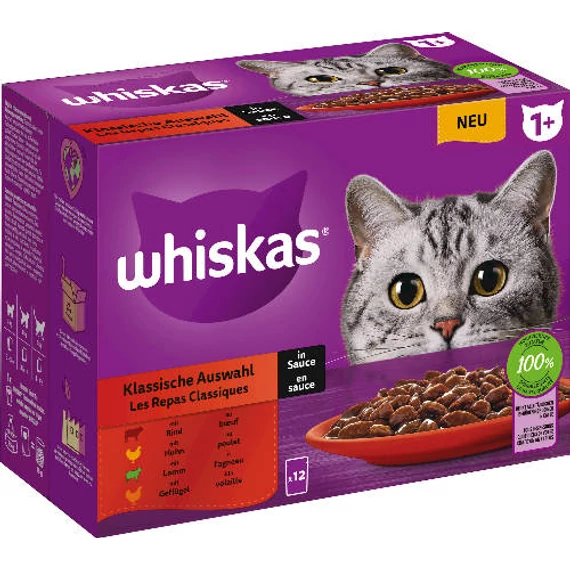 Whiskas 12x85g alutasakos  Húsos Klasszikus válogatás (marha,csirke,bárány, baromfi szószban)