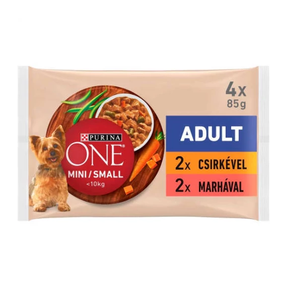 PURINA ONE Mini/Small Adult (marha,marha szószban) nedves eledel kutyák részére (4x85g)