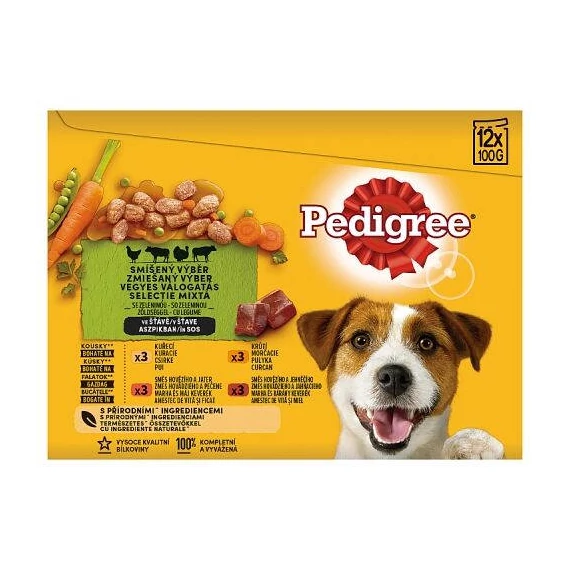 Pedigree Vital Adult - Nedves eledel (csirke-,marha+máj,-marha+bárány,-pulyka aszpikban) kutyák részére (12x100g)
