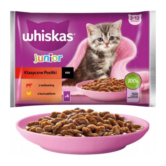 Whiskas Junior Classic Meals - Nedves eledel (marha,csirke-, szószban) kölyökmacskák részére (4x85g)