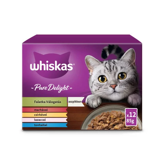 WHISKAS PURE DELIGHT  12x85g Alutasakos halas-húsos mix (tonhal,lazac,csirke,marha)