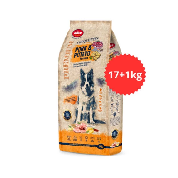 Akciós Túltöltött alicePROFESSIONAL 17+1kg Adult CROQUETTES Pork&Potato száraztáp - Felnőtt kutyák részére