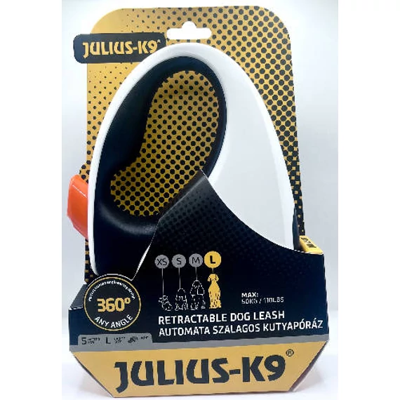 JK9 Retractable Dog Leash -  automata szalagos póráz (fekete-fehér-narancs) kutyák részére (L) 5 méter