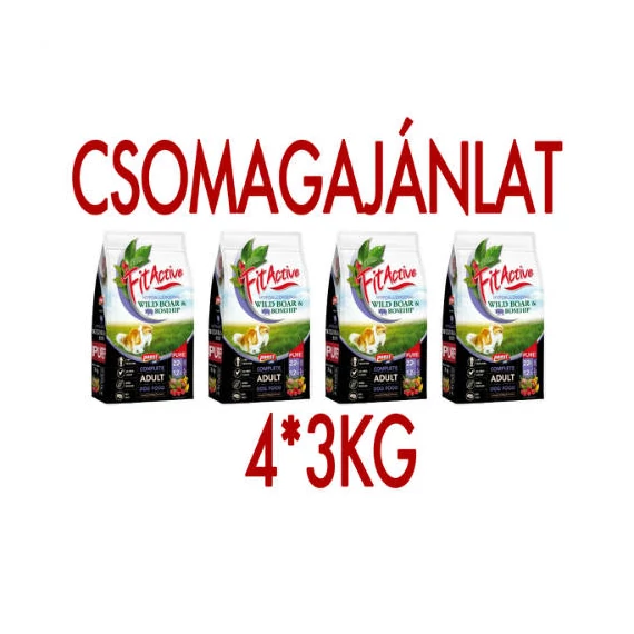 CSOMAG AJÁNLAT: FitActive PURE Hypoallergenic Wild boar -Rosehip(vaddisznó,csipkebogyó) (4*3kg)