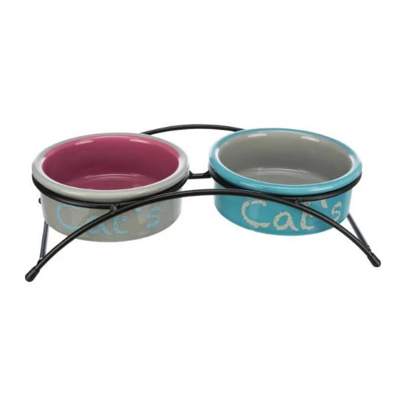 Trixie Bowl Set - kerámia tál (színes,mintás) fém állványban macskák részére (2x0,3l /Ø12cm)