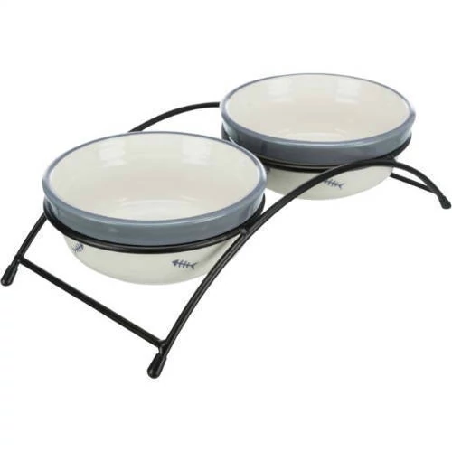 Trixie Bowl Set - kerámia tál (piros,mintás) fém állványban macskák részére (2x0,3l /Ø12cm)
