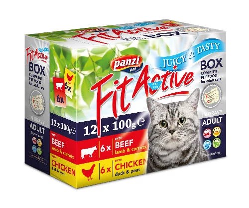 FitActive Cat FitaBox - Alutasakos nedves eledel macskák számára (6 db marha & bárány, 6 db csirke & kacsa) - 12x100g