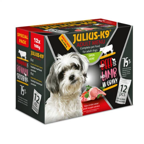 JULIUS-K9 Adult Menu Beef & Lamb (marha,bárány) - Nedves eledel válogatás kutyák részére (12x100g)