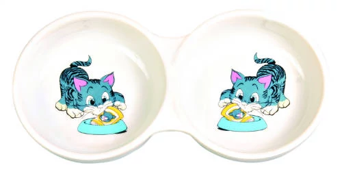 KT25.Trixie Ceramic Double Bowl - kerámia dupla tál (fehér,mintás) rövid orrú macskák részére (2x0,15l /Ø11cm)