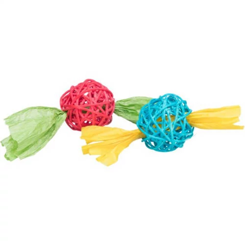 KT24:Trixie Set of rattan balls - játék (papír szalagokkal) rágcsálók részére (2db/Ø4x13cm)