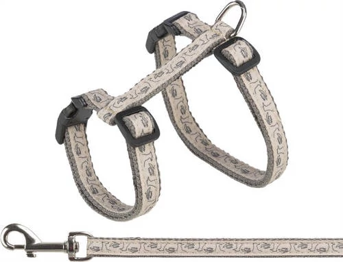 KT25.Trixie Cat Harness with Lead - hám és póráz szett (szürke/bézs színben) macskák részére (27–45 cm/13 mm, 1.20 m)