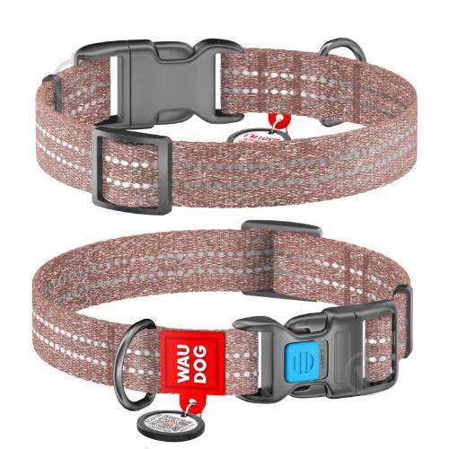 WAUDOG Re-cotton, Reflective Dog collar (M) - nyakörv, újrahasznosított pamutból (QR kódos, fényvisszaverő csíkkal, barna) kutyák részére (24-40cm/20mm)