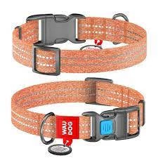 WAUDOG Re-cotton, Reflective Dog collar (M) - nyakörv, újrahasznosított pamutból (QR kódos, fényvisszaverő csíkkal, narancssárga) kutyák részére (28-40cm/20mm)