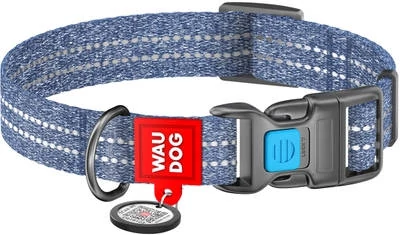 WAUDOG Re-cotton, Reflective Dog collar (XL) - nyakörv, újrahasznosított pamutból (QR kódos, fényvisszaverő csíkkal, kék) kutyák részére (37-58cm/25mm)