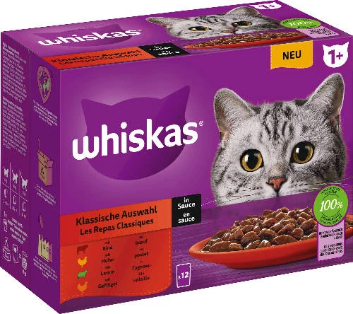 Whiskas 12x85g alutasakos  Húsos Klasszikus válogatás (marha,csirke,bárány, baromfi szószban)