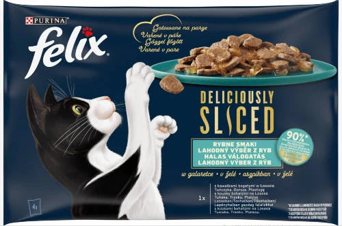 Felix DELICIOUSLY SLICED - Nedves eledel (lazac,tonhal,tőkehal,lepényhal) macskák részére (4x80g)