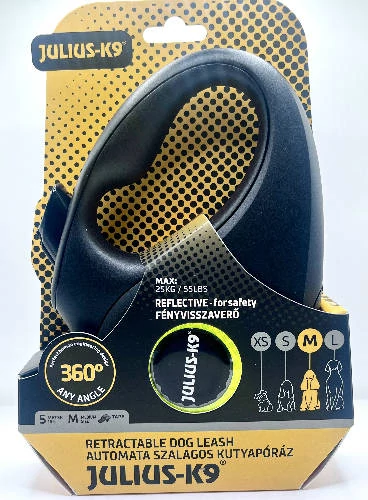 JK9 Retractable Dog Leash -  automata szalagos póráz (neon sárga) kutyák részére (M) 5 méter