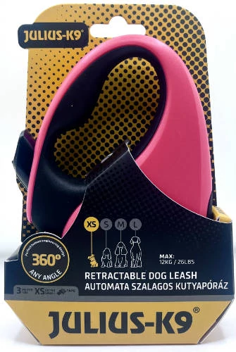 JK9 Retractable Dog Leash -  automata szalagos póráz (pink-fekete) kutyák részére (XS) 3 méter