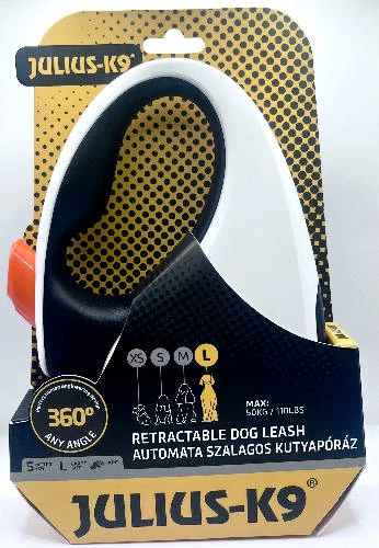 JK9 Retractable Dog Leash -  automata szalagos póráz (fekete-fehér-narancs) kutyák részére (L) 5 méter