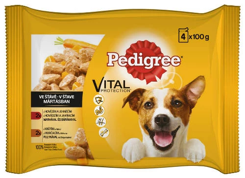 Pedigree Vital Adult - Nedves eledel (marha-bárány, pulyka-sárgarépa mártásban) kutyák részére (4x100g) 13db/#