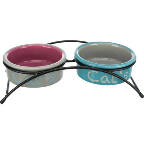 Trixie Bowl Set - kerámia tál (színes,mintás) fém állványban macskák részére (2x0,3l /Ø12cm)
